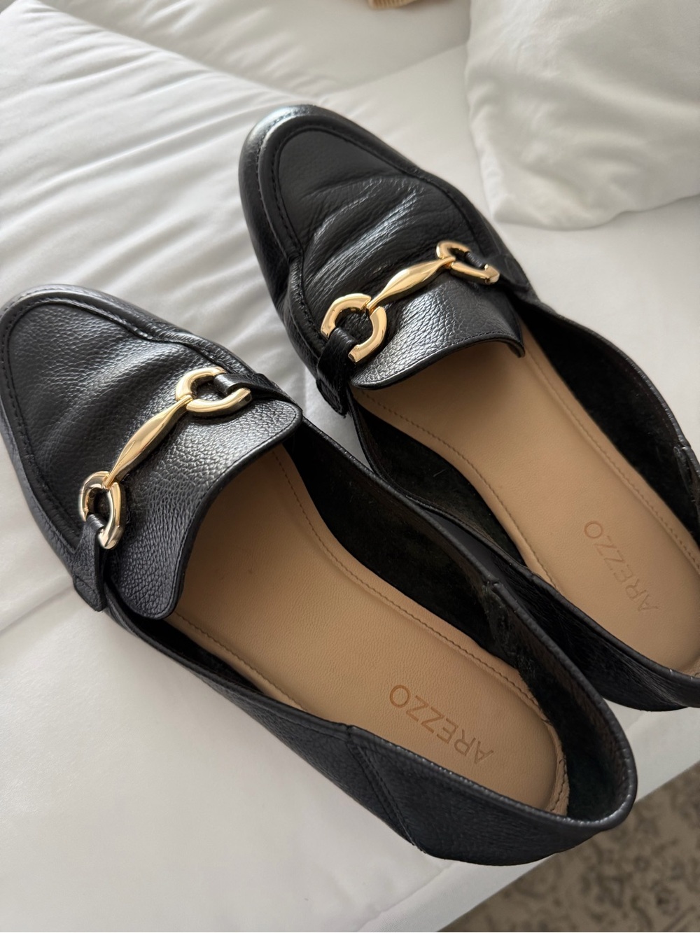 Arezzo Black Leather Loafers with Gold Buckle Accent